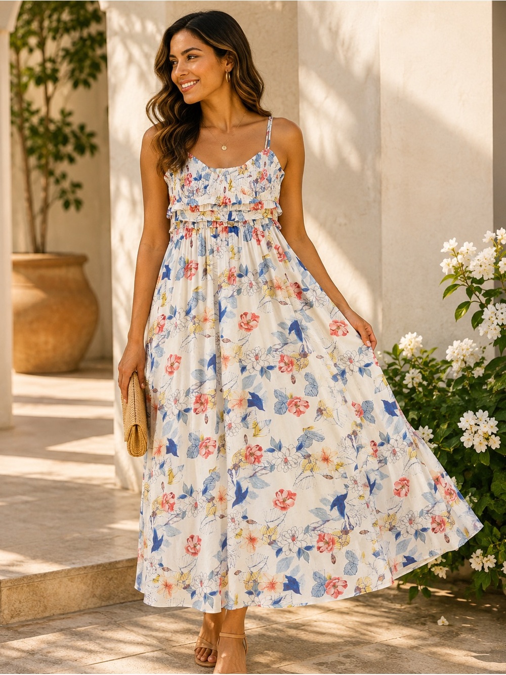 MEET ME IN SANTORINI - White Floral Smocked Waist Maxi Dress NWT